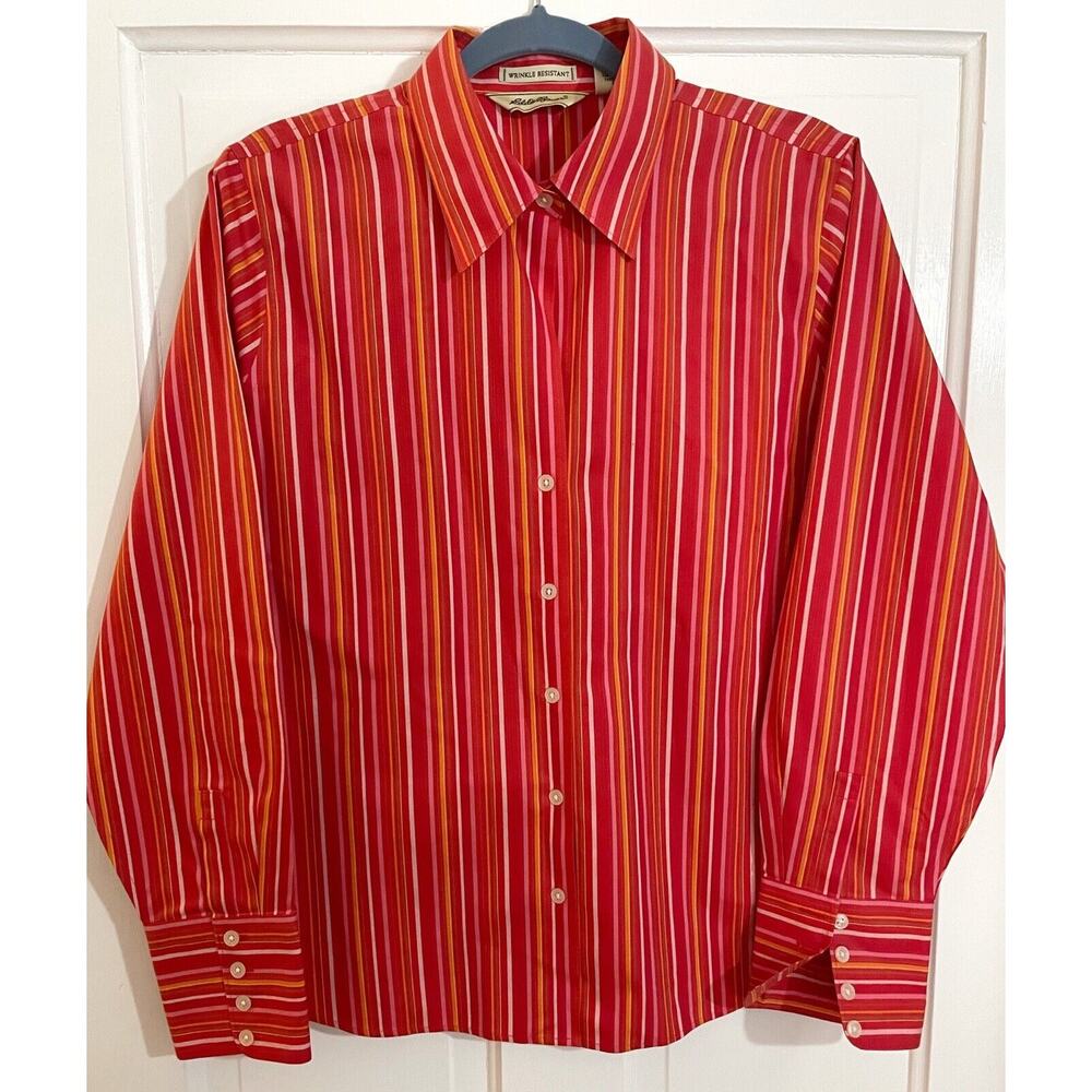 Eddie Bauer Women Wrinkle Resistant Striped Button Front Red Pink Shirt L
